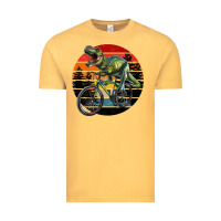 Vintage Mustard t rex dinosaur riding bicycle with retro forest sunset Vintage Tee - RanaPortraitStore