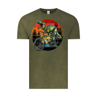 Vintage Olive t rex dinosaur riding bicycle with retro forest sunset Vintage Tee - RanaPortraitStore