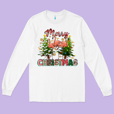 Merry Christmas Flamingo Long Sleeve Tee Designed By Texasbilliewilder