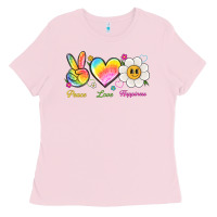 Bubblegum Pink peace love happiness Ladies Tee - NancyCooperArtShop