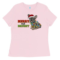 Bubblegum Pink merry and bright french bulldog Ladies Tee - RanaPortraitStore