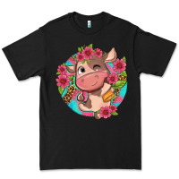Black cute cow pink flowers and leopard pattern Premium Tee - NancyCooperArtShop