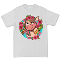 Dove Grey cute cow pink flowers and leopard pattern Premium Tee - NancyCooperArtShop