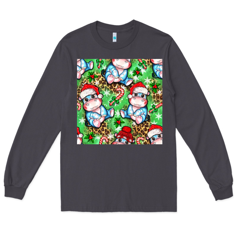 Christmas Cute Hippo Sitting Long Sleeve Tee by NancyCooperArtShop | Teevron