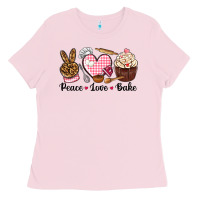 Bubblegum Pink peace love bake Ladies Tee - NancyCooperArtShop