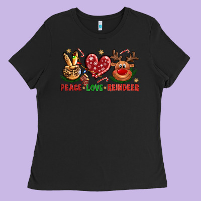 Peace Love Reindeer Christmas Ladies Tee Designed By Nancycooperartshop