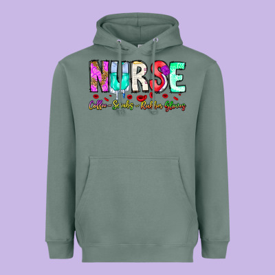 Nurse Coffee Scrubs Rubber Gloves Heavyweight Hoodie Designed By Cowhidedigitalart