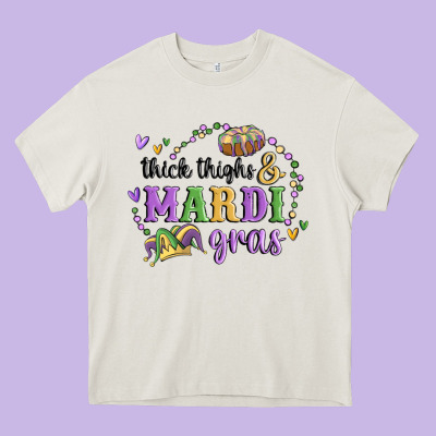 Thick Thighs Mardi Gras Heavy Core Tee Designed By Maliassmallbusiness
