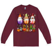 Burgundy Hallothanksmas wine glasses and gnomes Long Sleeve Tee - texasbilliewilder