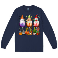 Navy Hallothanksmas wine glasses and gnomes Long Sleeve Tee - texasbilliewilder