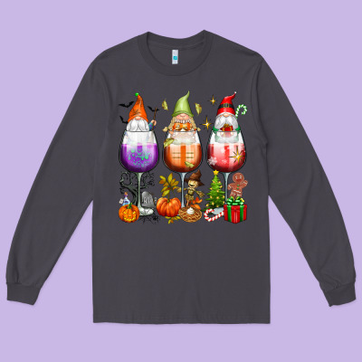 Hallothanksmas Wine Glasses And Gnomes Long Sleeve Tee Designed By Texasbilliewilder