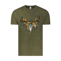 Vintage Olive boho deer skull sunflowers and gemstone Vintage Tee - RanaPortraitStore