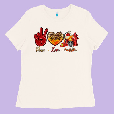Peace Love Firefighter Ladies Tee Designed By Nancycooperartshop