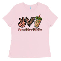 Bubblegum Pink peace love coffee Ladies Tee - NancyCooperArtShop