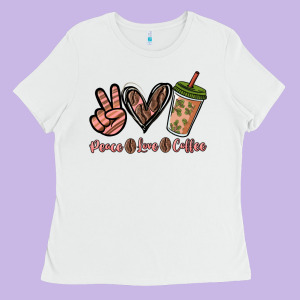 Peace Love Coffee Ladies Tee Designed By Nancycooperartshop