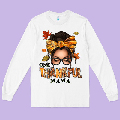 One Thankful Mama Afro Messy Bun Long Sleeve Tee Designed By Texasbilliewilder