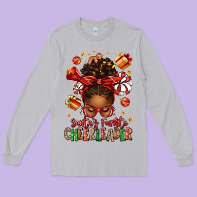 Santa's Favorite Cheerleader Afro Messy Bun Long Sleeve Tee Designed By Texasbilliewilder