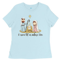 Baby Blue o come let us adore him Ladies Tee - MaliasSmallBusiness