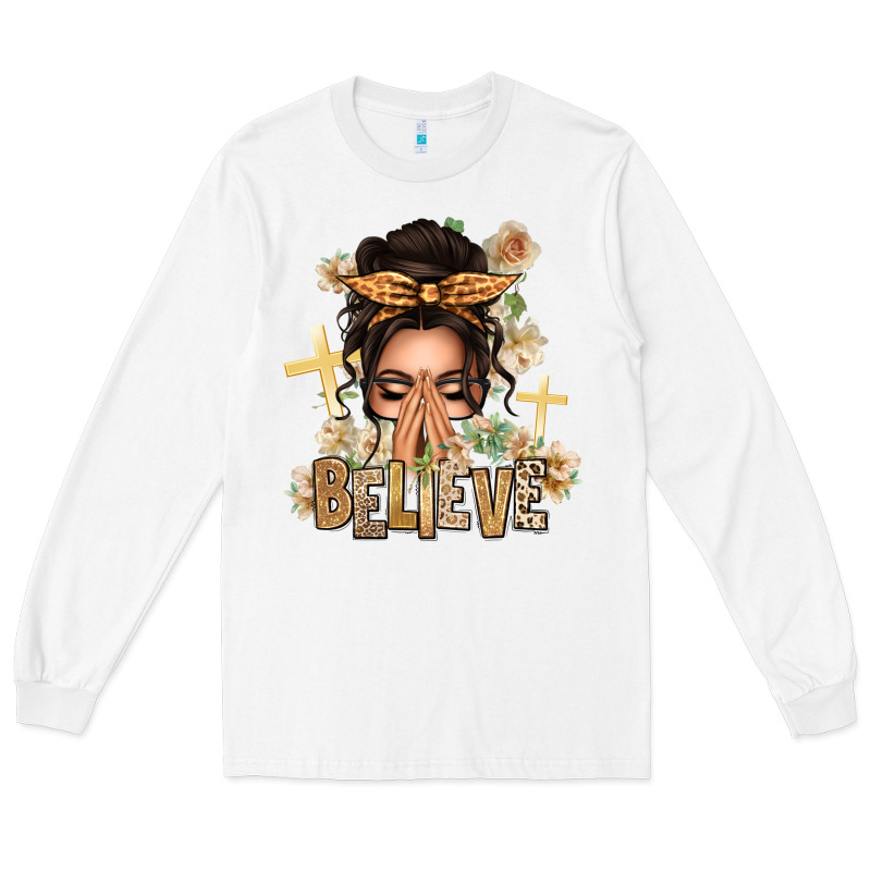 Believe Praying Caucasian Messy Bun Long Sleeve Tee by texasbilliewilder | Teevron