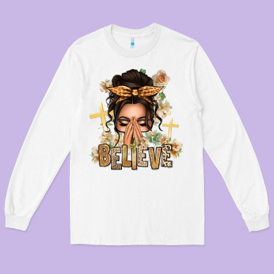 Believe Praying Caucasian Messy Bun Long Sleeve Tee Designed By Texasbilliewilder