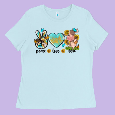 Peace Love Cute Cow Ladies Tee Designed By Nancycooperartshop