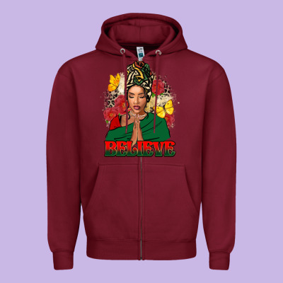 Believe Black Woman Zipper Hoodie Designed By Fadigitalartstudio