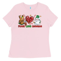 Bubblegum Pink peace love snowman Ladies Tee - NancyCooperArtShop