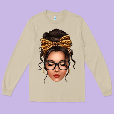 Caucasian Leopard Messy Bun Long Sleeve Tee Designed By Texasbilliewilder