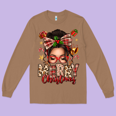 Merry Christmas Messy Bun Long Sleeve Tee Designed By Texasbilliewilder