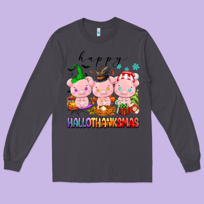 Happy Hallothanksmas Pigs Long Sleeve Tee Designed By Texasbilliewilder