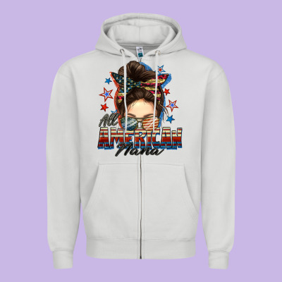 All American Nana Messy Bun Zipper Hoodie Designed By Fadigitalartstudio