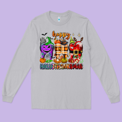 Happy Hallothanksmas Teeth Long Sleeve Tee Designed By Texasbilliewilder