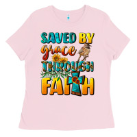 Bubblegum Pink saved by grace through faith Ladies Tee - NancyCooperArtShop