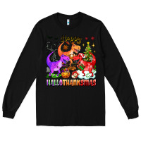 Black happy hallothanksmas dinosaur Long Sleeve Tee - texasbilliewilder