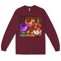 Burgundy happy hallothanksmas dinosaur Long Sleeve Tee - texasbilliewilder