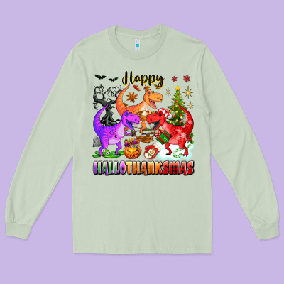 Happy Hallothanksmas Dinosaur Long Sleeve Tee Designed By Texasbilliewilder