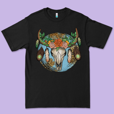 Floral Feather Bull Skull Premium Tee Designed By Jahusdesignshop