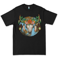 Black floral feather bull skull Premium Tee - JahusDesignShop