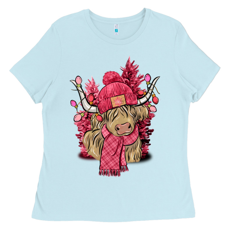 Pink Winter Long Haired Cow Ladies Tee by NancyCooperArtShop | Teevron