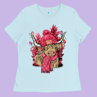 Pink Winter Long Haired Cow Ladies Tee Designed By Nancycooperartshop