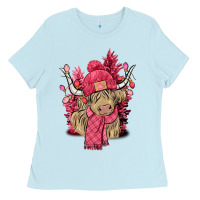 Baby Blue pink winter long haired cow Ladies Tee - NancyCooperArtShop