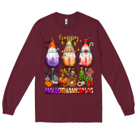 Burgundy Happy Hallothanksmas wine glasses and gnomes Long Sleeve Tee - texasbilliewilder