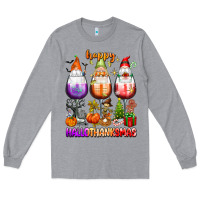 Heather Grey Happy Hallothanksmas wine glasses and gnomes Long Sleeve Tee - texasbilliewilder