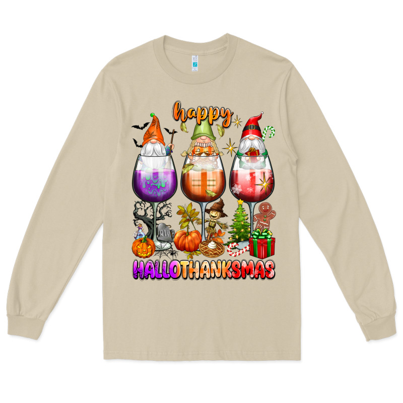 Happy Hallothanksmas Wine Glasses And Gnomes Long Sleeve Tee by texasbilliewilder | Teevron