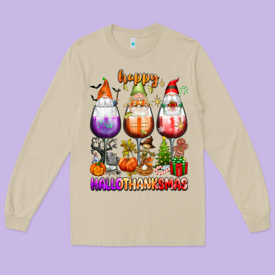 Happy Hallothanksmas Wine Glasses And Gnomes Long Sleeve Tee Designed By Texasbilliewilder