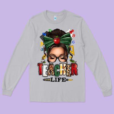 Teacher Life Afro Messy Bun Long Sleeve Tee Designed By Texasbilliewilder