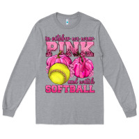 Heather Grey In October We Wear Pink and Watch Softball Long Sleeve Tee - texasbilliewilder