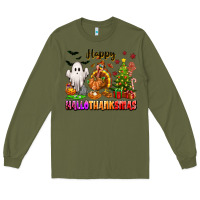 Army Green Happy Hallothanksmas with ghost turkey and tree Long Sleeve Tee - texasbilliewilder