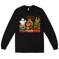 Black Happy Hallothanksmas with ghost turkey and tree Long Sleeve Tee - texasbilliewilder
