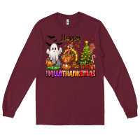 Burgundy Happy Hallothanksmas with ghost turkey and tree Long Sleeve Tee - texasbilliewilder